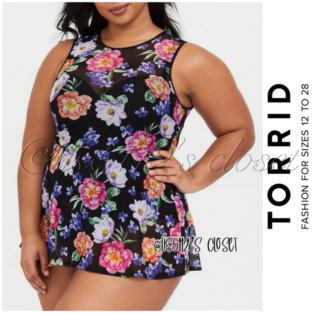 Torrid Black Floral Mesh Overlay Underwire Short Swim Dress Swimsuit 2X 18 20